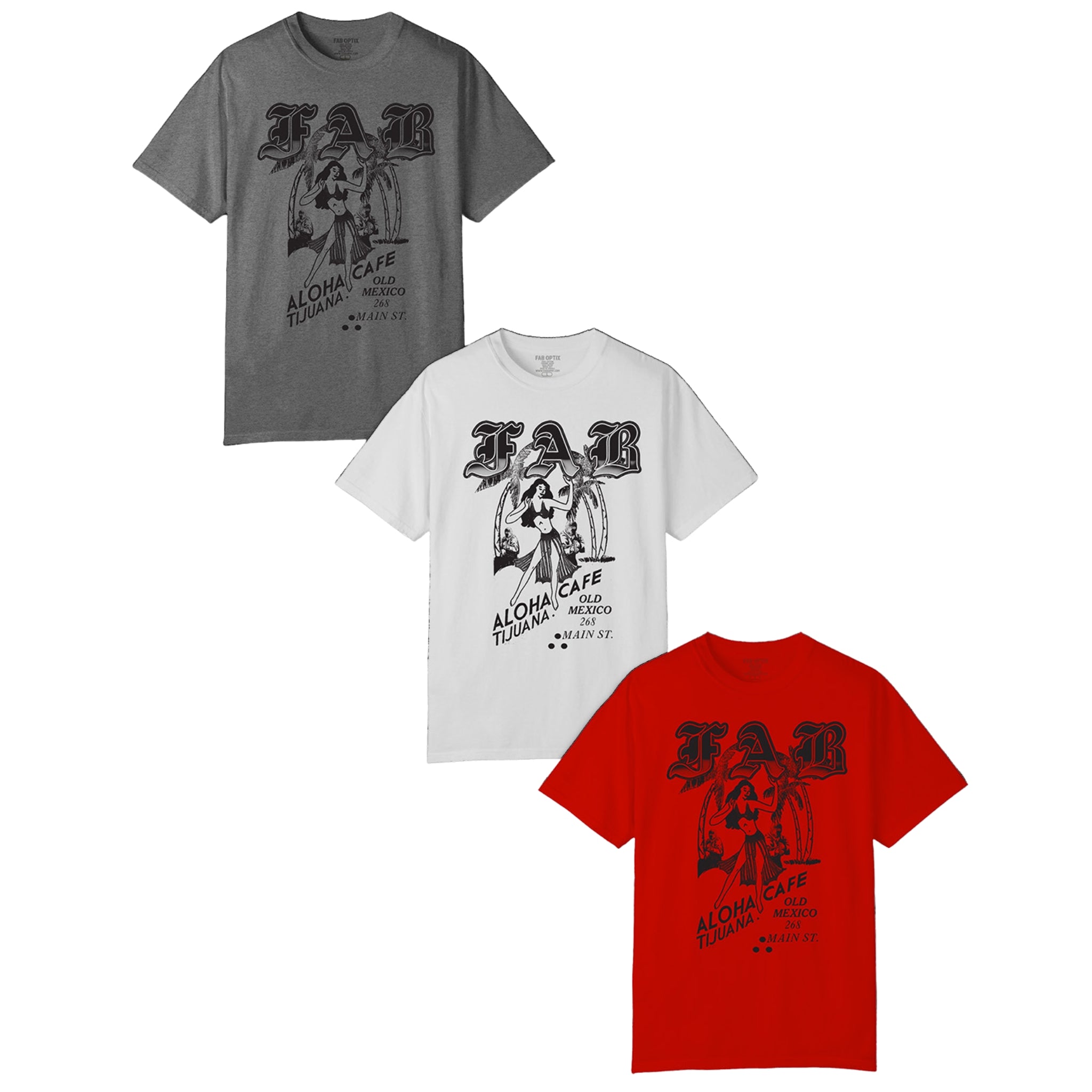 Three t-shirts in grey, white, and red with a black graphic design on a white background.