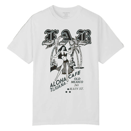 FAB Aloha TJ T-Shirt featuring vintage hula girl graphic and Old Mexico Aloha Cafe artwork in white.
