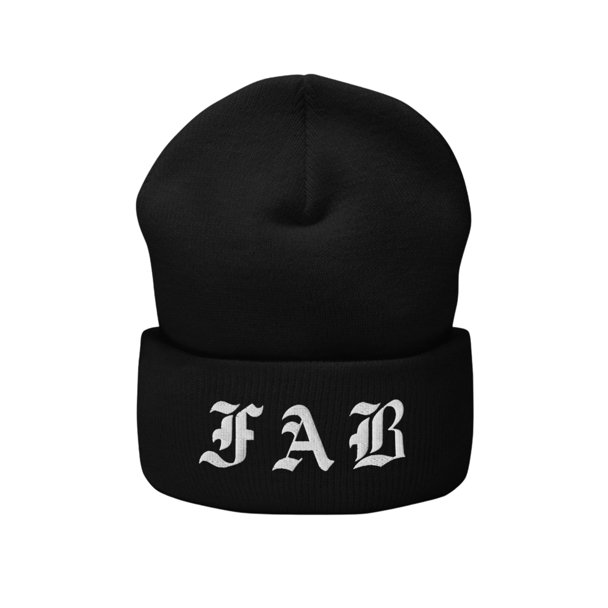 Black FAB beanie with 'FAB' embroidery on a white background