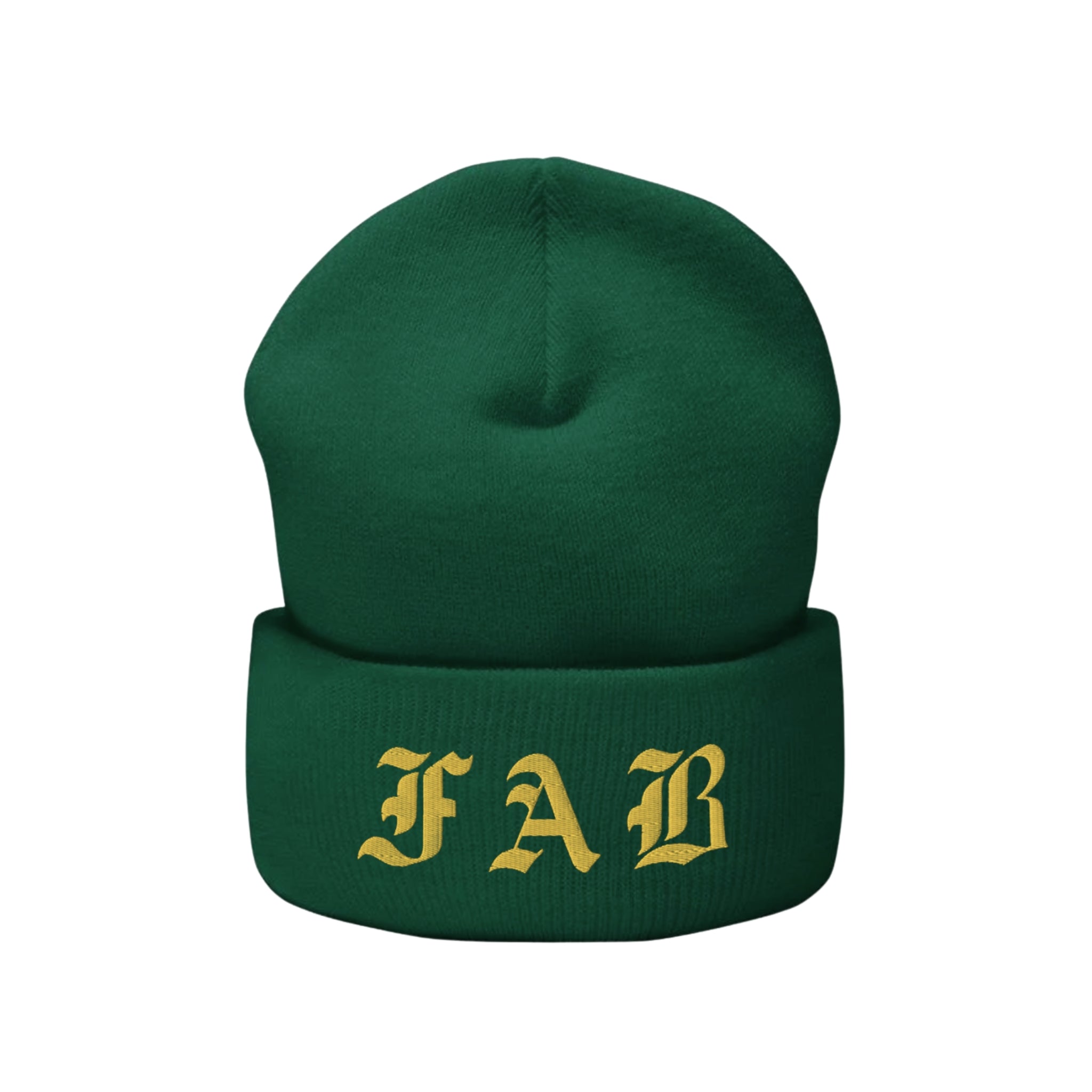 Green FAB beanie with 'FAB' in gold on a white background