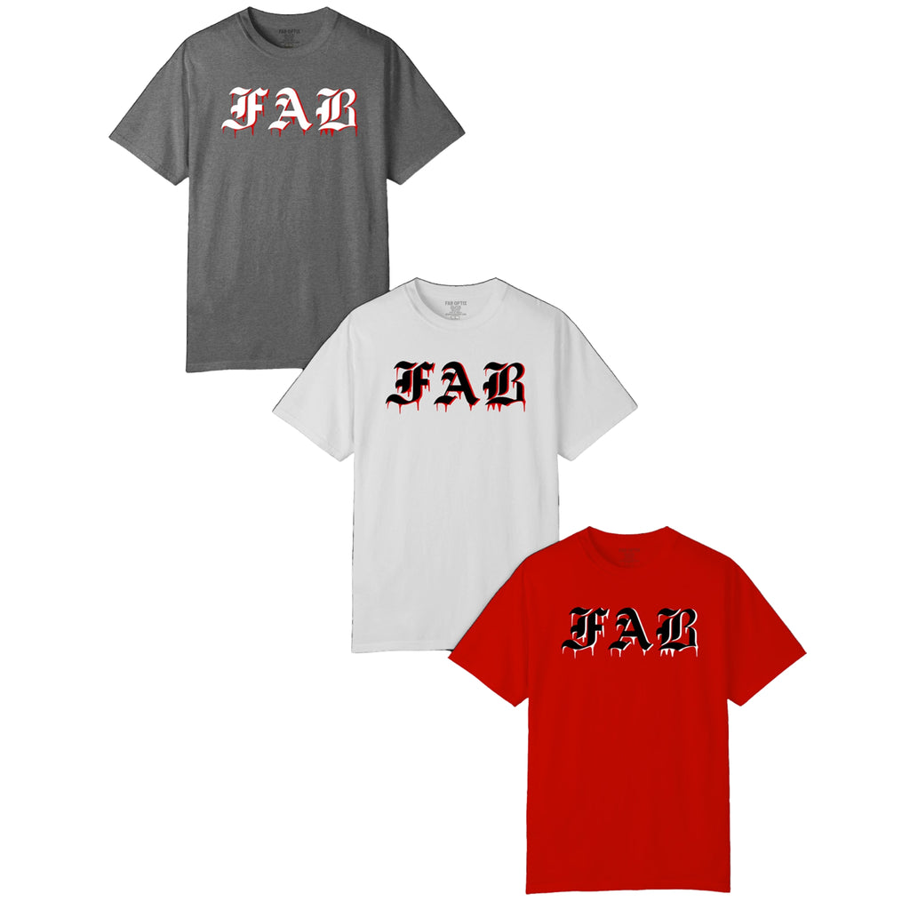 Three t-shirts in gray, white, and red with 'FAB' print on a white background