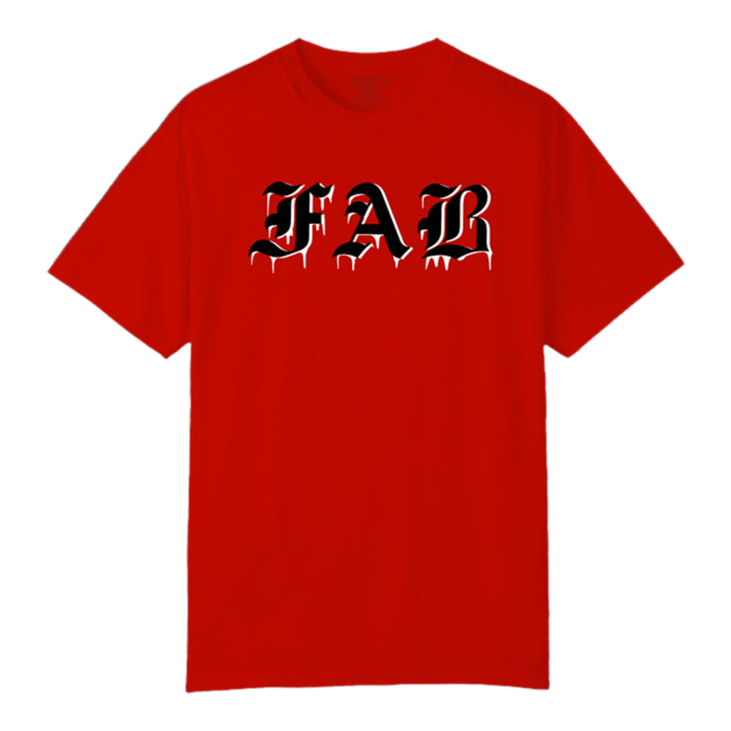 Red t-shirt with 'FAR' printed in black on a white background