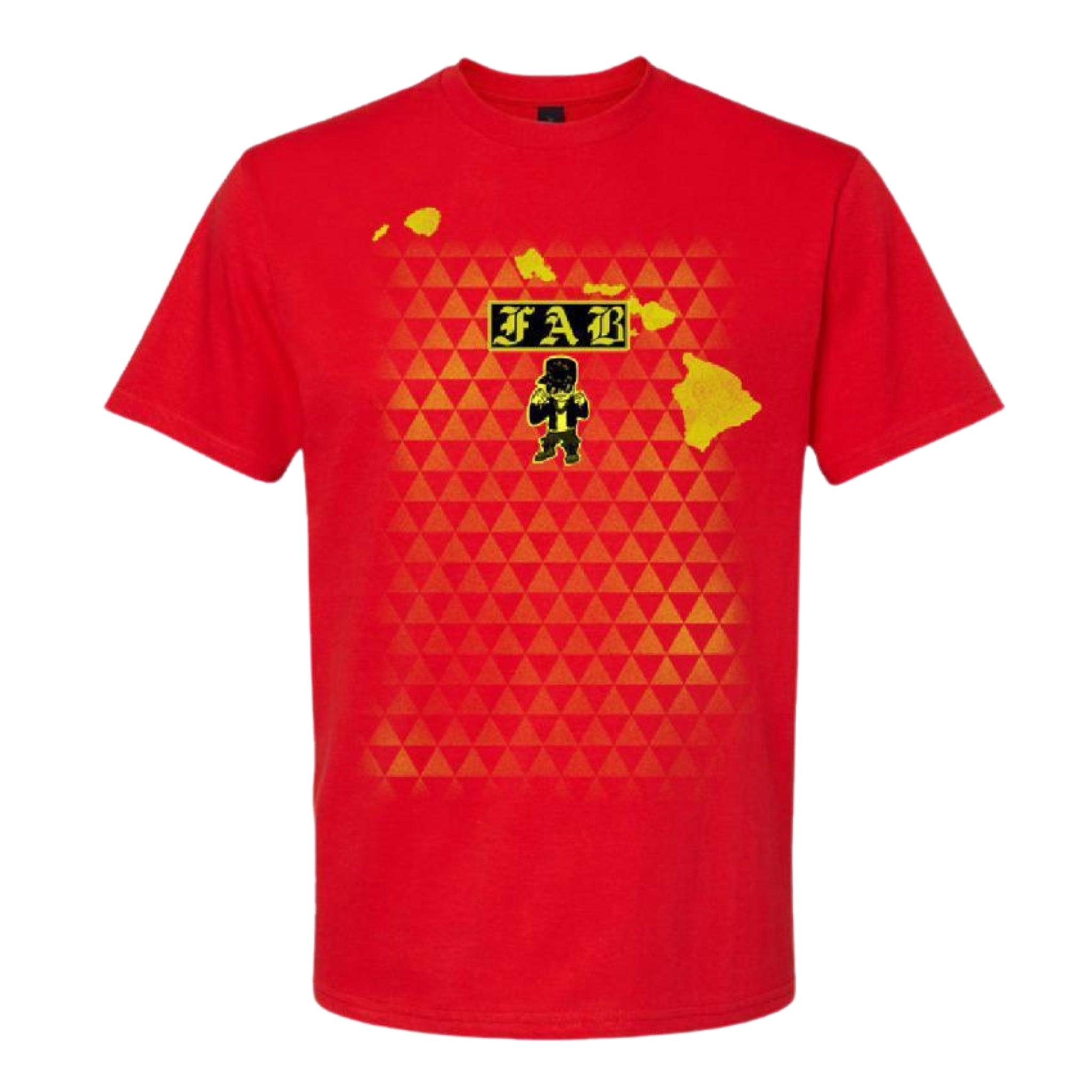 Red Dropping Bombs Limited Edition FAB T-shirt with yellow island graphics and bomb-drop character on the front