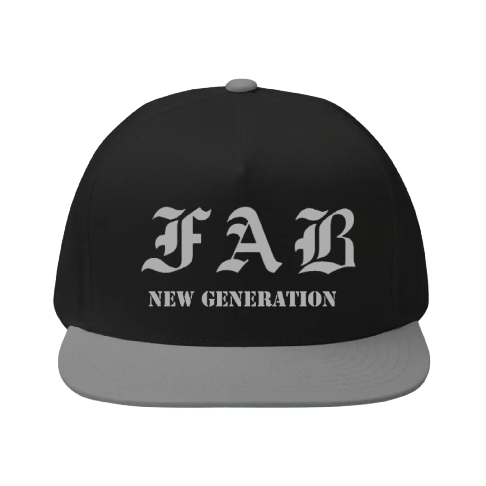 Black and gray cap with 'FAB NEW GENERATION' text on a white background