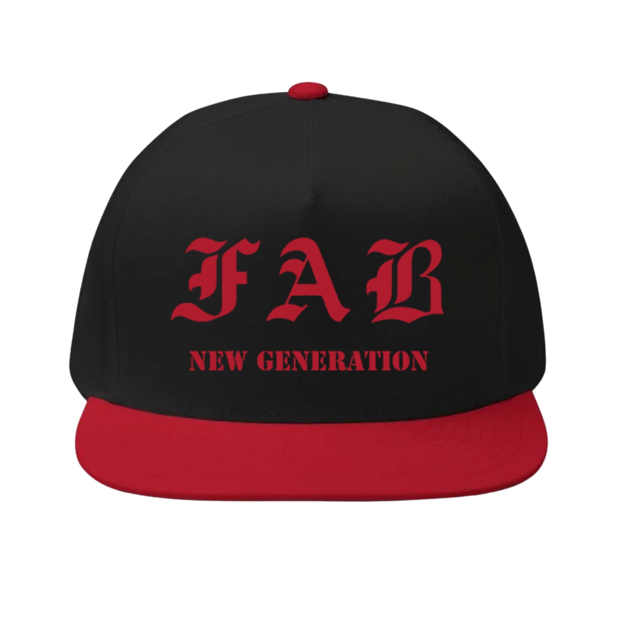 Black and red cap with 'FAB NEW GENERATION' text on a white background