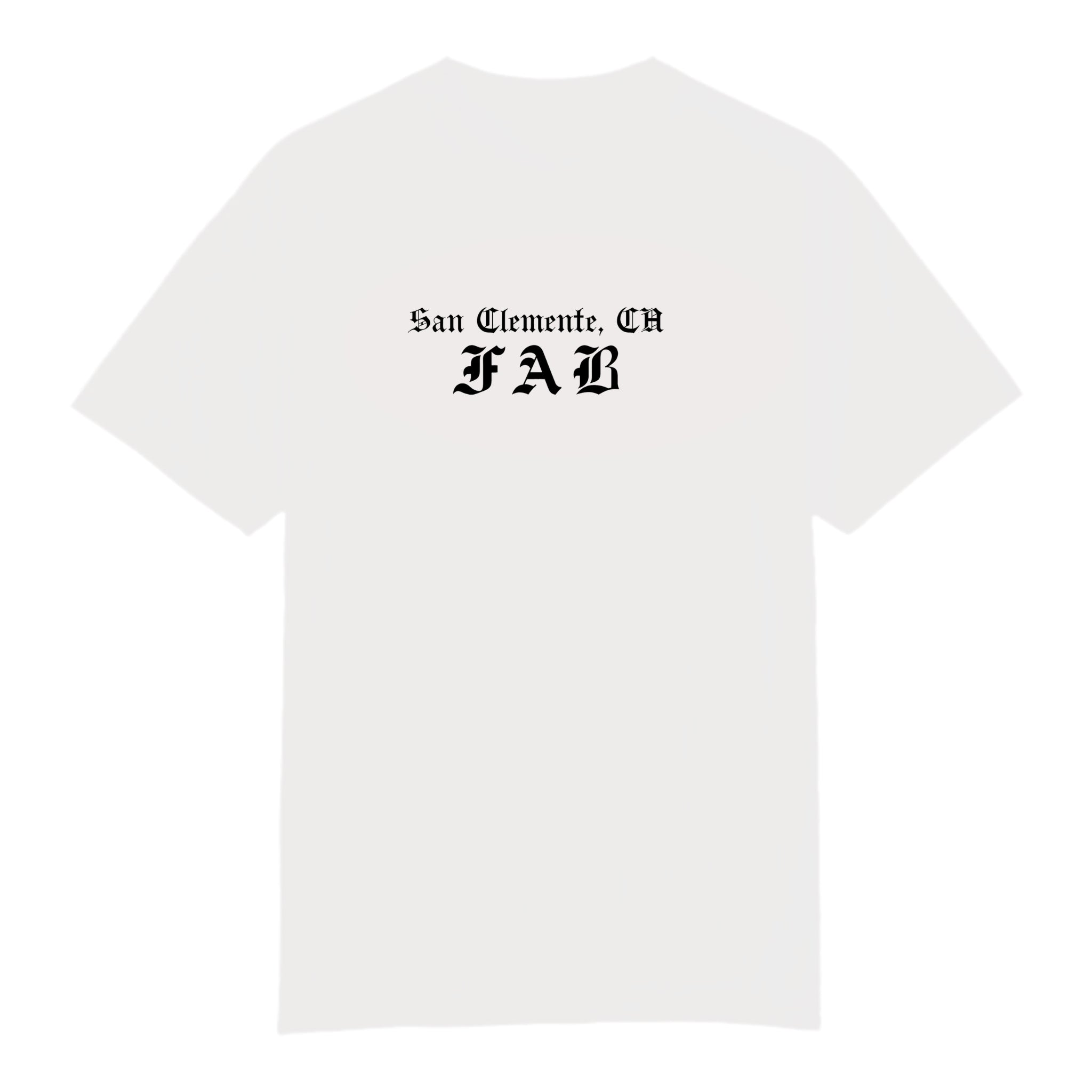 White t-shirt with 'San Clemente, CA FAB' text on a white background