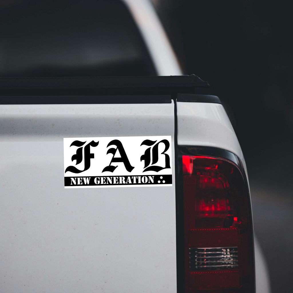 Car tailgate with 'FAB NEW GENERATION' decal