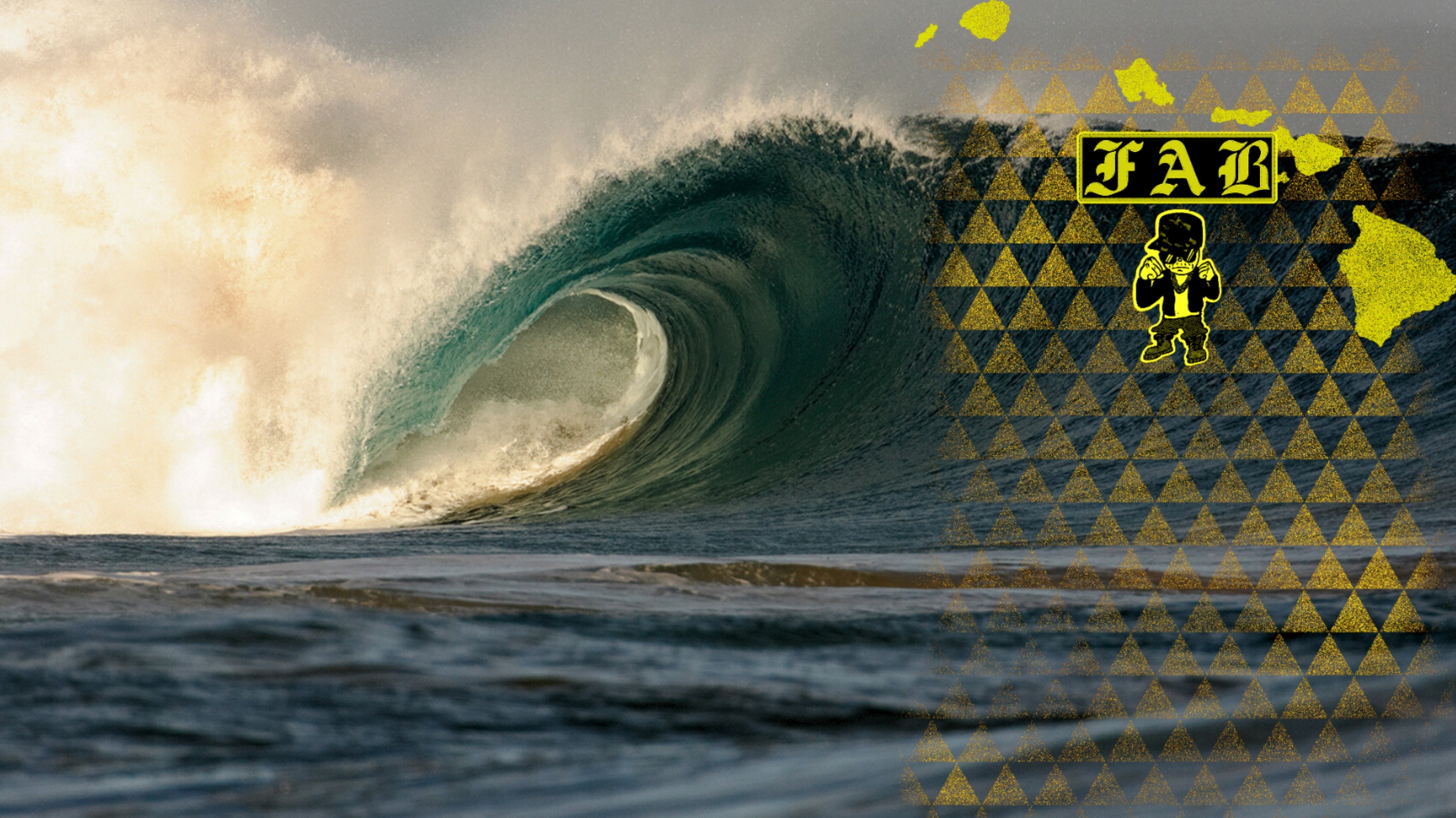Large ocean wave with a FAB brand logo in the corner