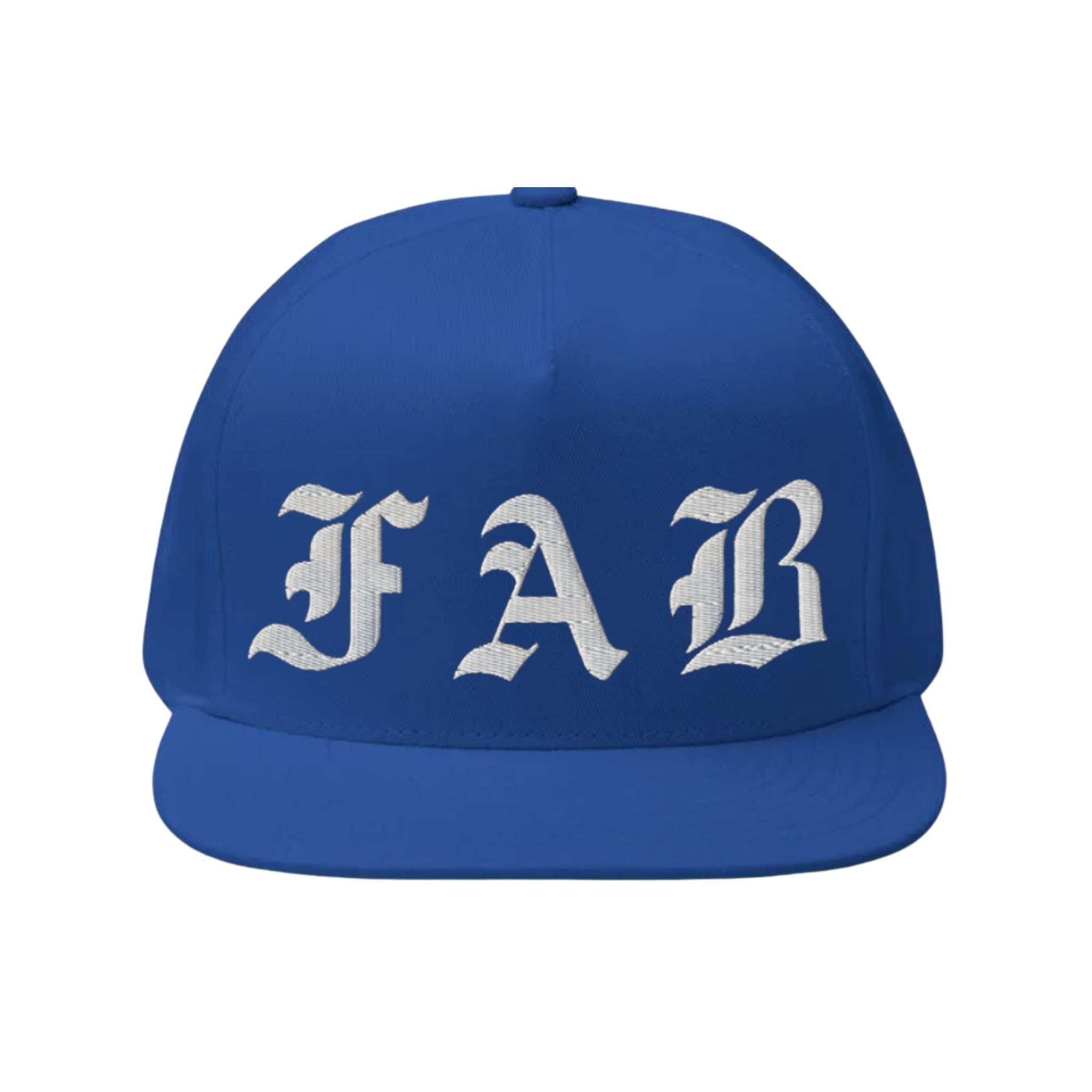 Blue FAB cap with 'FAB' text on a white background