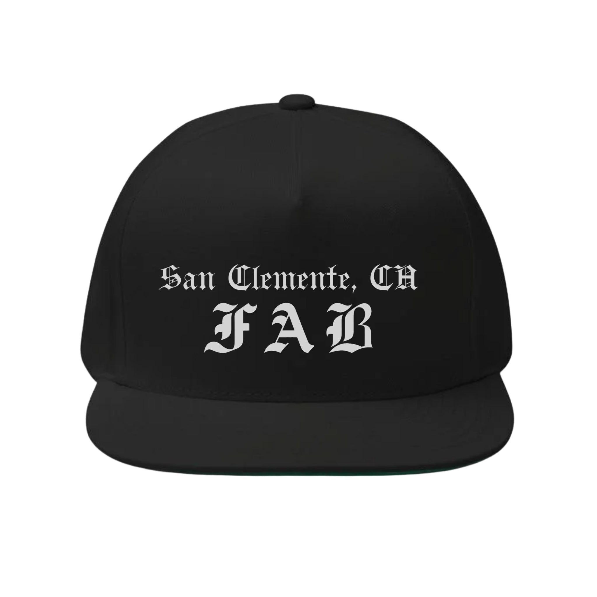 Black cap with 'San Clemente, CA FAB' text on a white background
