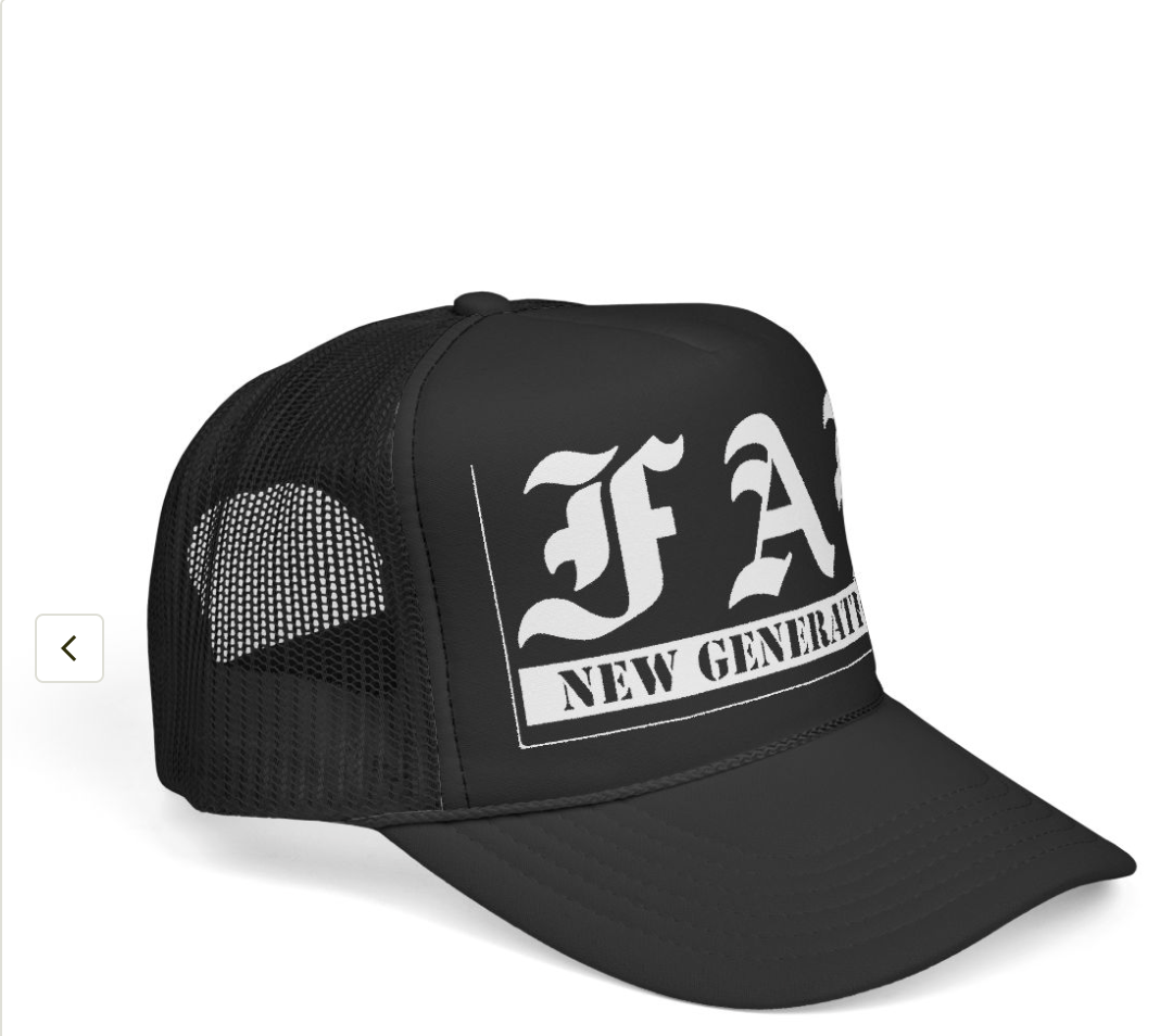 Black trucker cap with white text on a white background