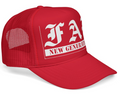 Red cap with white text and logo on a white background