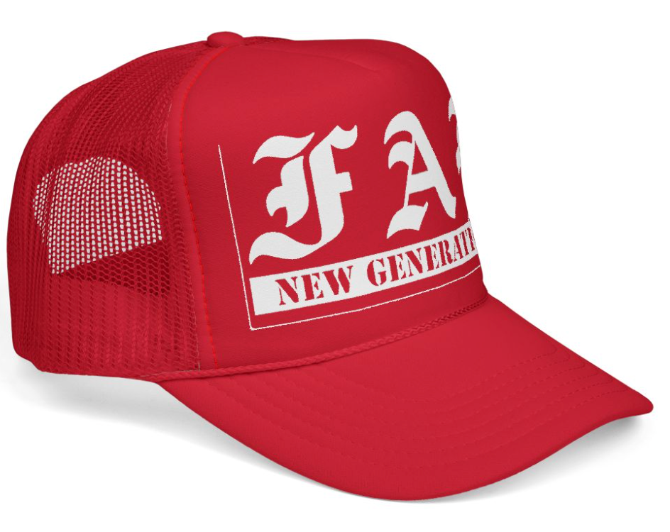Red cap with white text and logo on a white background