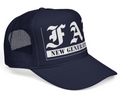 Navy blue cap with white logo and text on a white background