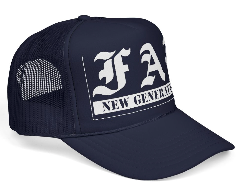 Navy blue cap with white logo and text on a white background