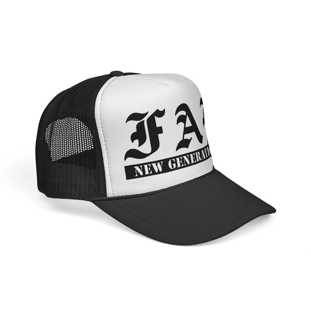 Black and white cap with mesh back and text on a white background