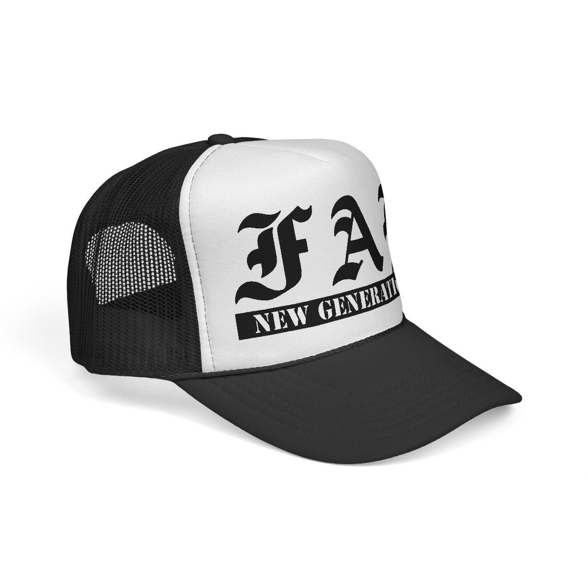 Black and white cap with mesh back and text on a white background