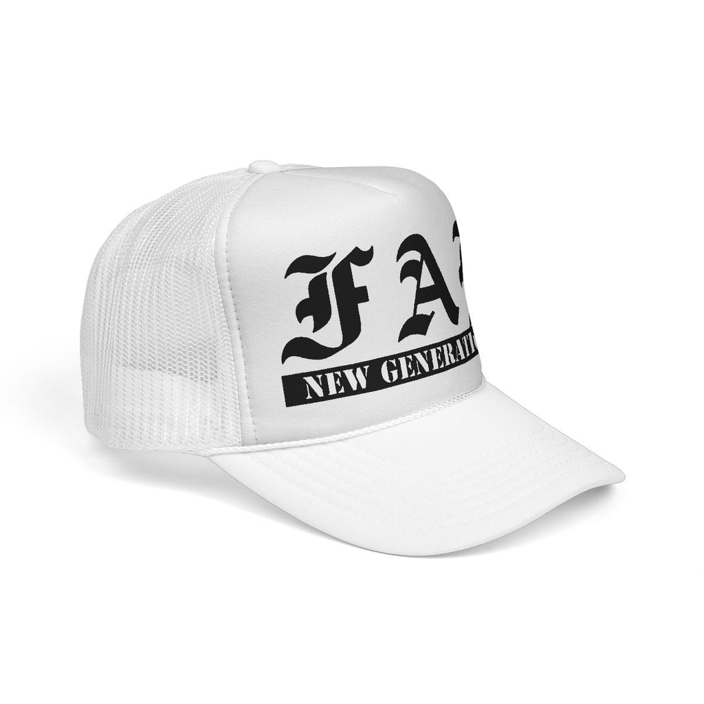White cap with black text on a white background
