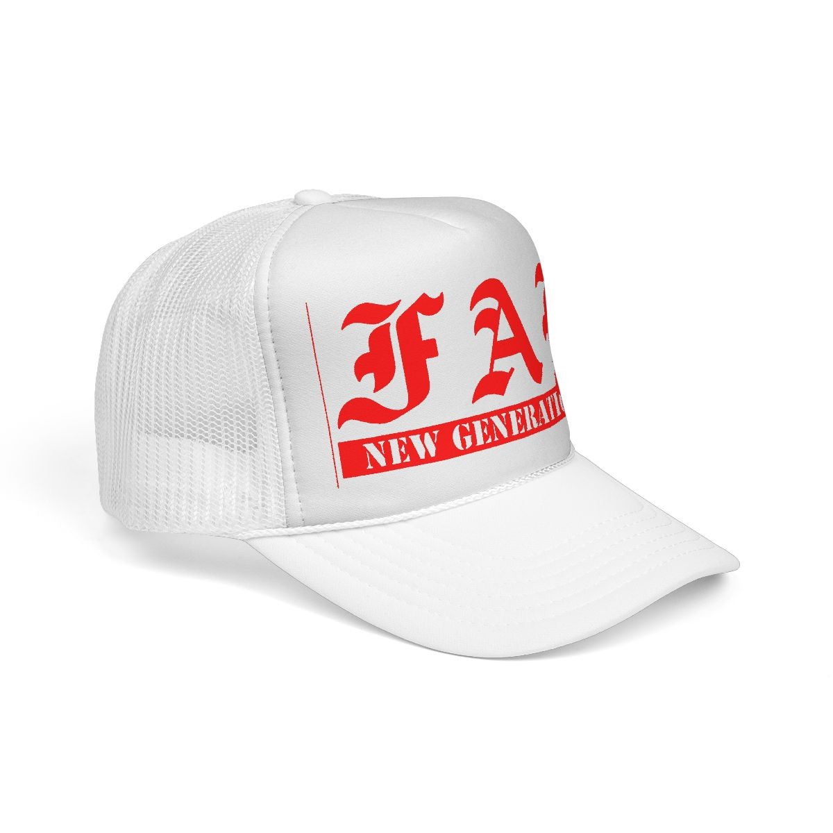 White cap with red text on a white background