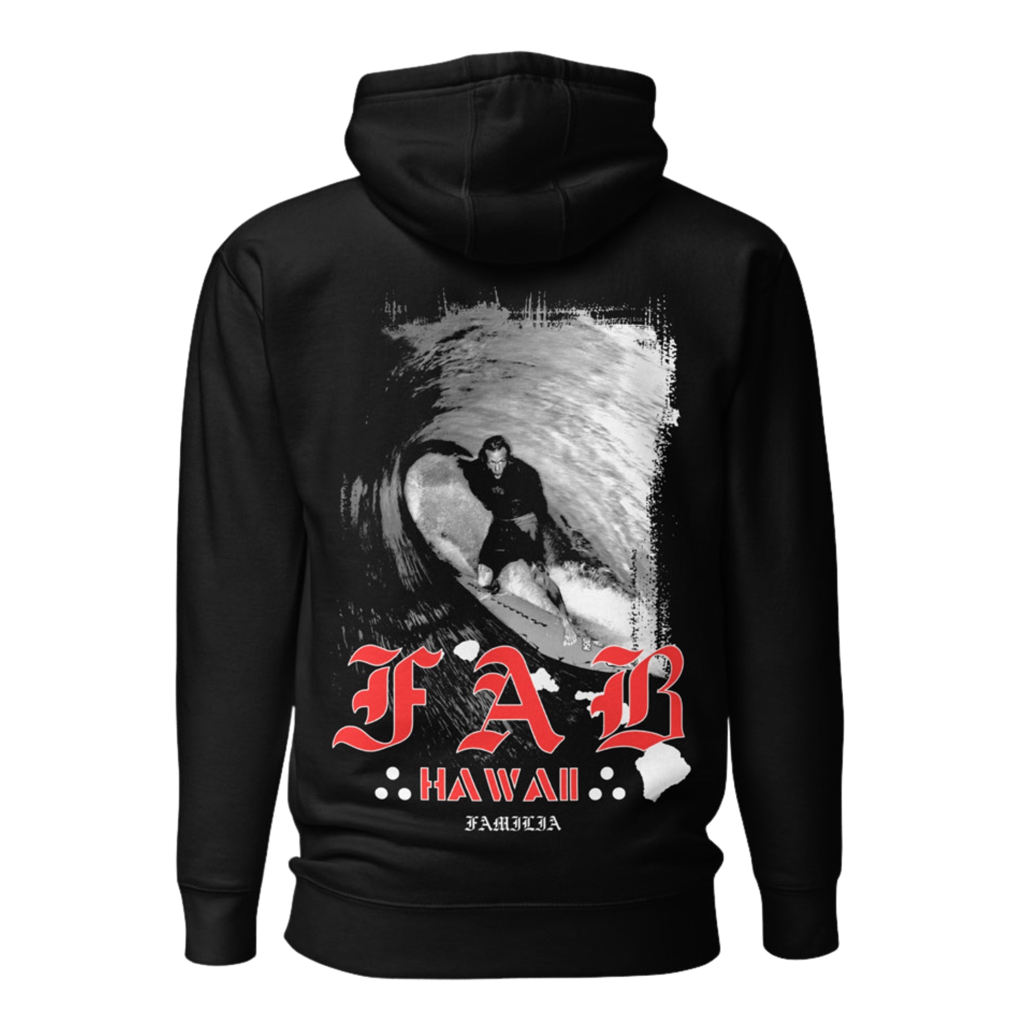 Black hoodie with a graphic of a person surfing and 'FAB Hawaii' text on the back.