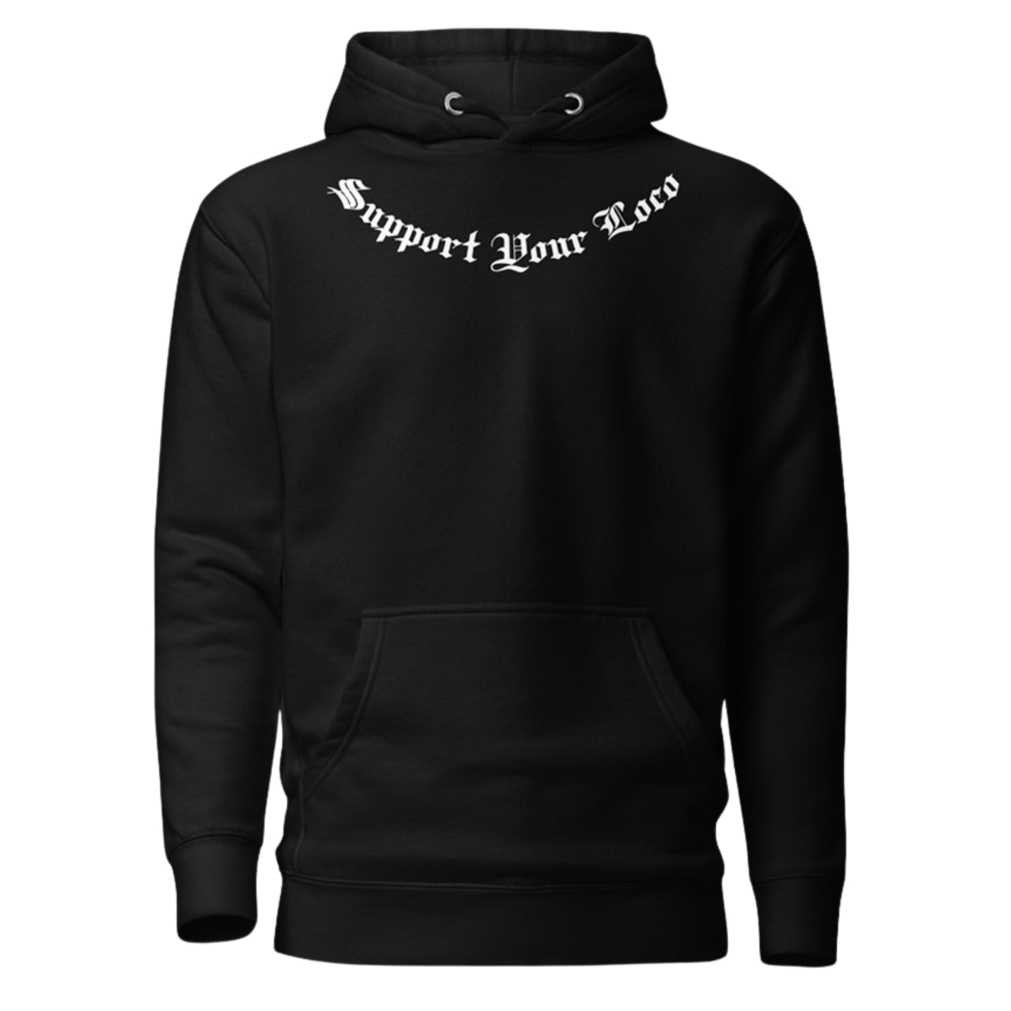 Black hoodie with 'Support Your Locs' text on a white background